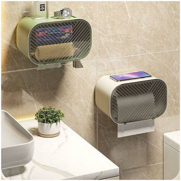 Multifunktionel vægmonteret toiletrulleholder uden stansning badeværelse toilet vandtæt og støvtæt papirhåndklæderullepumpe lys luksus toiletrulleboks