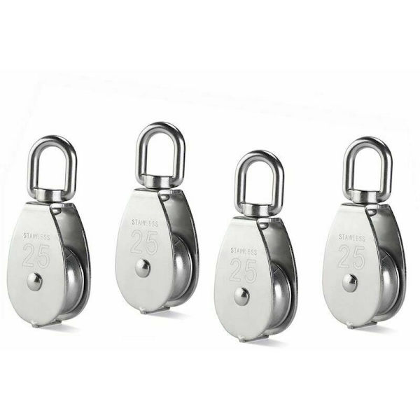 4 stk. M25 enkelt remskiveblok, 304 rustfrit stål remskive rulle, kran drejelig krog glat stålwire kabel belastning 331Lbs/150Kg