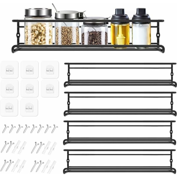 Krydderhylle i metall Veggmontert krydderoppbevaringsstativ Selvklebende lang kjøkkenhylle for kjøleskap, kjøkkenskap, skapdør, 29 x 6,35 x 6 cm,