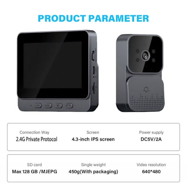 Videodørklokke Video Intercom 4,3 tommer IPS Skærm Video Intercom System To-vejs Stemmeopkald Nattesyn