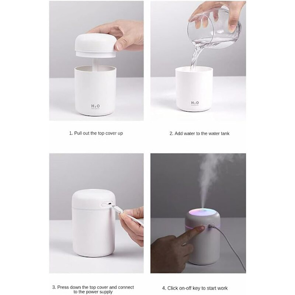 Fargerik Kule Mini Søt Luftfukter USB 300ml Bærbar med 7 Farger 2 Tåke Moduser Ultra Stille Egnet for Hjem Bil Soverom Kontor og Reise (Grå)