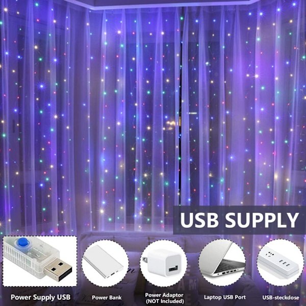 Lysgardin, 3x3M 300 LED Lysguirlande 8 Lystilstande, Fjernbetjening og Timer, Vandafvisende LED-guirlande Julepynt, Bryllup, Fødselsdag