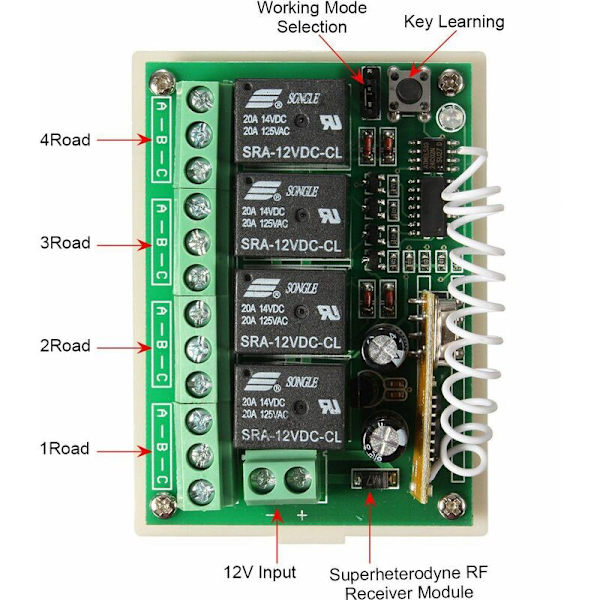 12V 4CH-kanal 433Mhz trådlös fjärrkontrollbrytare integrerad krets med 2 sändare DIY ersättningsdelar verktygssatser