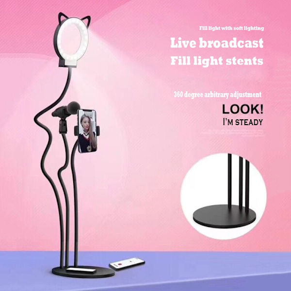 Selfie Ring Light med mobilholder og mikrofonholder til livestreaming, 3 lysfarver og 9 niveauer af lysstyrkejustering på stativ