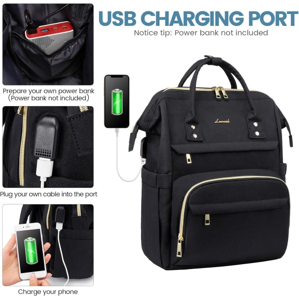 Laptop-rygsæk til kvinder - Stilfuld og praktisk sort taske med komfortable polstrede stropper til arbejde, rejser og hverdagsbrug