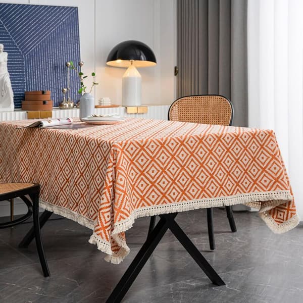 Rektangulär grovstickad broderad frans texturerad bomullslinned bordsduk för kök matsal, 55\" x 55\", 4 sitsig