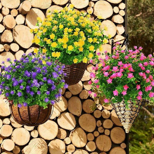 Kunstige Blomster til Udendørs, Faux Plastik Grønt til Indendørs Udendørs Hængende Plantepotte Hjem Kontor Bryllup Landhus Dekoration 8 stk Gul