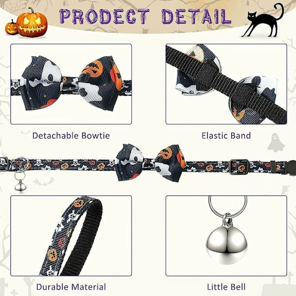 Kattkrage Set med 3 Kattkragar med Fluga och Klocka för Halloween