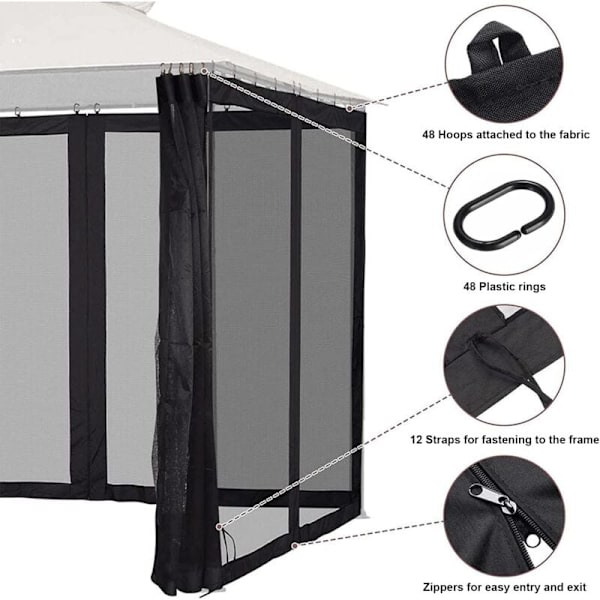 Universell ersättningsmyggnät för utomhuspaviljong - 4 dörrar - med dragkedja - för 10\" x 12\" paviljong (endast myggnät) (svart, 3m x 3,6m), AAFG