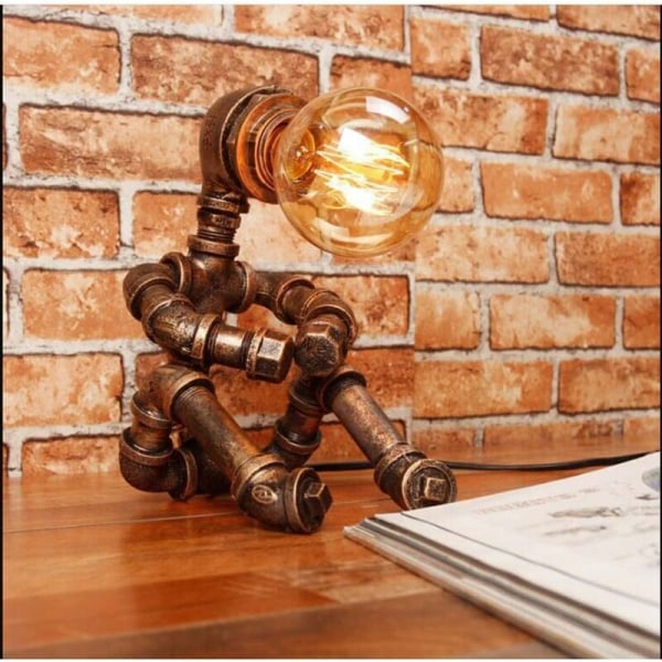 Robot skrivebordslampe Retro industriel skrivebordslampe Kreativ metal jernrør lysbesparende skrivebordslampe Sengebordslampe LED skrivebordslampe，（1stk，uden pære）