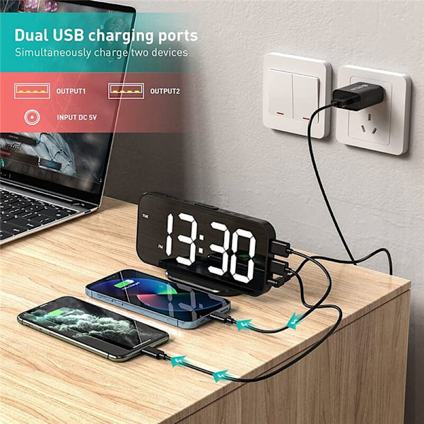 HD-väckarklocka digital display av veckodagen nattläge bordsur snooze obegränsad 12/24H dubbel alarm/LED-klocka B