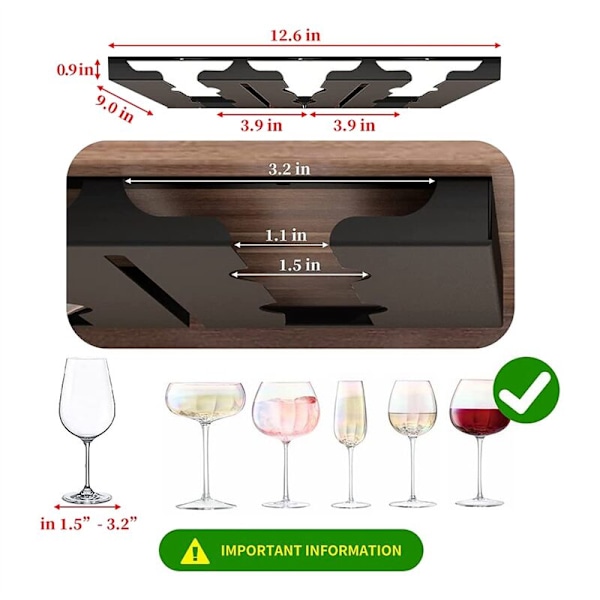Vinglasstativ - Under Skab Stemware Holder, Vinglasstativ til Køkken, Bar, Restaurant 3 Rækker