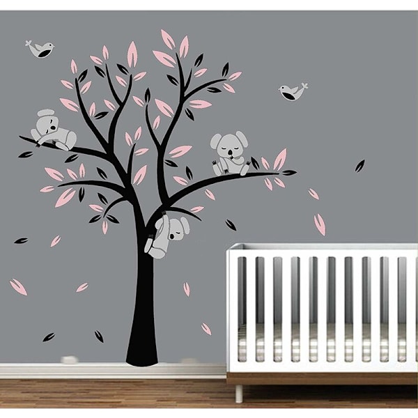 Koala træ børn træer i børneværelse vægklistermærker til baby søde fugle koalaer vægkunst babyværelse indretning (sort, pink)-