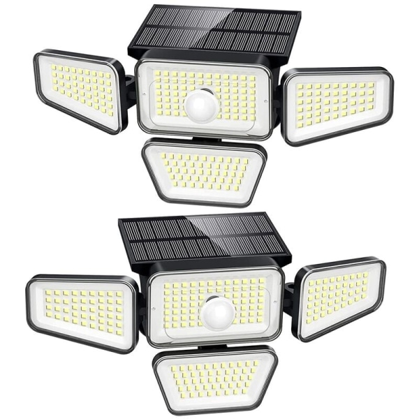 Utendørs solcellelamper, 270 LED 3000LM bevegelsessensor, vanntett IP65 4 hoder 3 vinkelmoduser 6500K (2-pakning)
