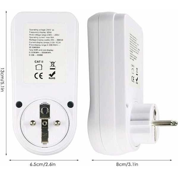 Wattmeter-plugg, A230V energimåler Energiforbruksmåler, Strømforbrukskontrollplugg med LCD-skjerm - Fransk plugg