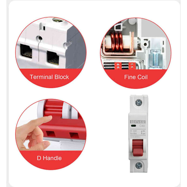 Strømbryter 1P DC 250V MCB 40A DIN-skinnemontering Beskyttelsesbryter 6000A Bruddkapasitet