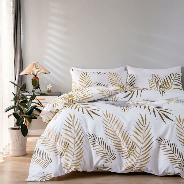 Täckeöverdrag Set Längd 240 Bredd 220cm Botaniska Gyllene Tropiska Blad Mönster 2 Personer och 2 x Kuddfodral 50x75cm 100% Mikrofiber Sängkläder Set
