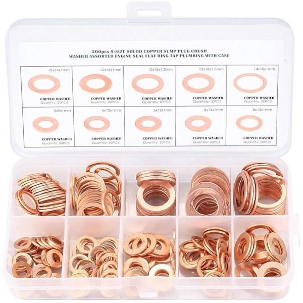 Kopparbrickor, tätningsringar, platta brickor, O-ring med låda för tätning - 200 st/M5 M6 M8 M10 M12 M14