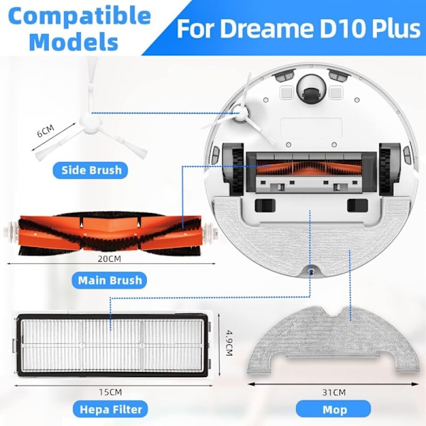 Tilbehørssett Reservedeler for Dreame D10 Plus RLS3D robotstøvsugere, 1 hovedbørste, 4 sidebørster, 4 filtre, 4 moppkluter, 2 støvsugerposer
