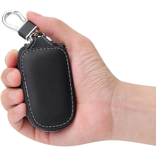 Äkta Läder Bilnyckel Fodral, Fjärrkontroll Nyckelhållare Äkta Läder Väska för Män Zip Bilnyckel Fodral (Svart)