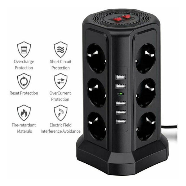 Strømbryter og overspenningsvern - Elektrisk strømbryter med 5 USB-porter og 12 stikkontakter, 3 brytere - Svart farge.