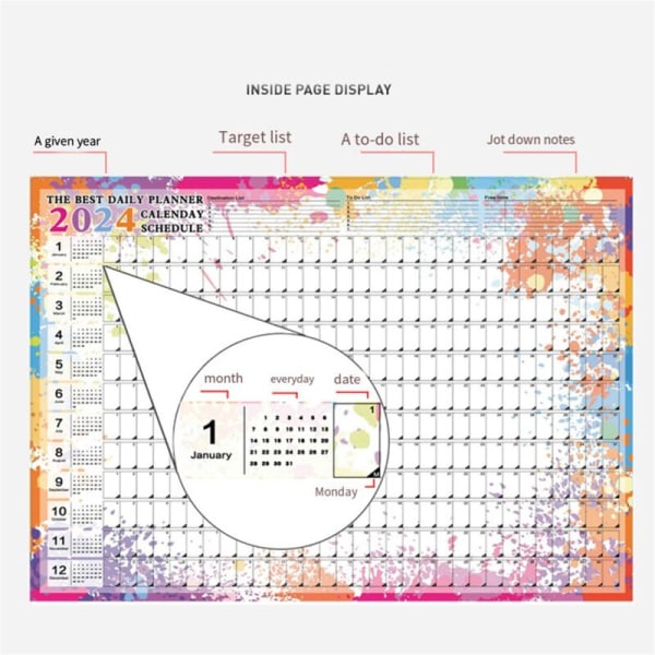 3 st 2024-kalender - Väggkalender 2024, 365 dagars affisch Vikbar kalender för skola, hemmakontor 29,2 x 20,7 tum