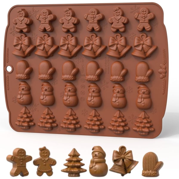 Julens silikoneforme, 1 pakke med 30 hulrum Julechokoladeforme Slikforme Honningkagemand og pige, træ-, snemands-, klokke- og handskeformer
