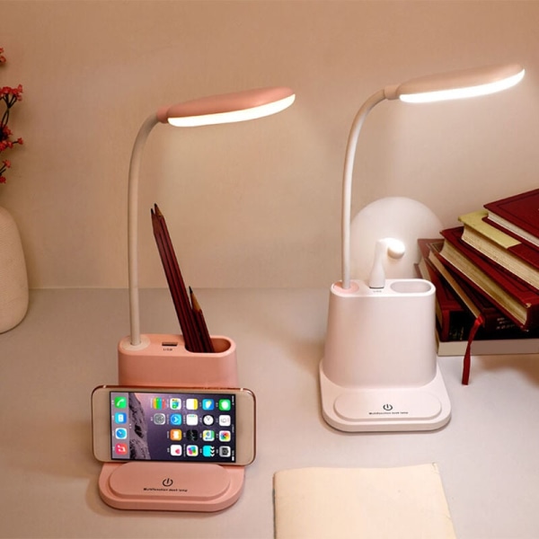 Oppladbar LED-skrivebordslampe, berøringsdimmende justerbar bordlampe, for barn, lesing, studier, nattbord, soverom, rosa