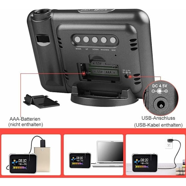 Projektionsvækkeur, LED-projektionsvækkeur Digital projektionsvækkeur USB-opladning/LCD-baggrundsbelysning/180° projektion/Temperaturvisning/Hyg