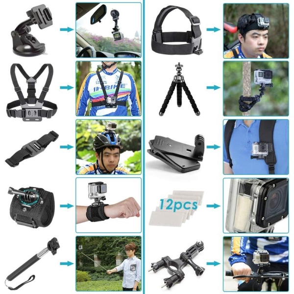 50-i-1 Action Camera Accessories Kit kompatibel med GoPro Hero 9 8 Max 7 6 5 4 Black GoPro 2018 Session Fusion Silver White Insta360 DJI AKASO APE