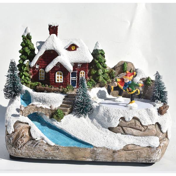 Julbyhus, LED-belysning Vinter Julby och Miniatyr Julfigurer (En skidmodell)