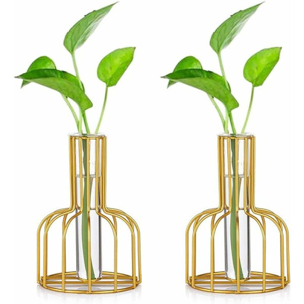 Glasförökningsstation med metallram, set med 2 guldblomvaser, provrörsvas för hydroponiska växter, liten knoppvas för hem, kök och kontor
