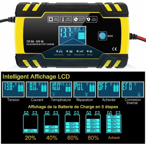 12V/24V 8A Intelligent Batterilader, 3-trins Batterilader Vedligeholdelses- og Automatisk Reparationsfunktion til Bil Motorcykel Lastbil, AGM, Gel, Våd, S