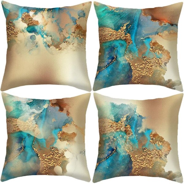Abstrakt Putetrekksett med 4 Nordiske Teal Blå og Gull Putesett Moderne Dekorative Putetrekk for Sofa 18x18 Tommer