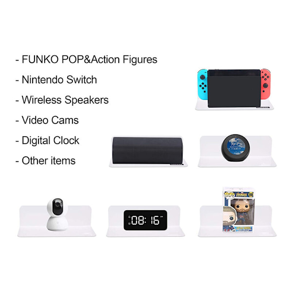 2 st serie akryl flytande vägg hyllor skada-fri expandera utrymme, liten display hylla för smart högtalare/figurer vit