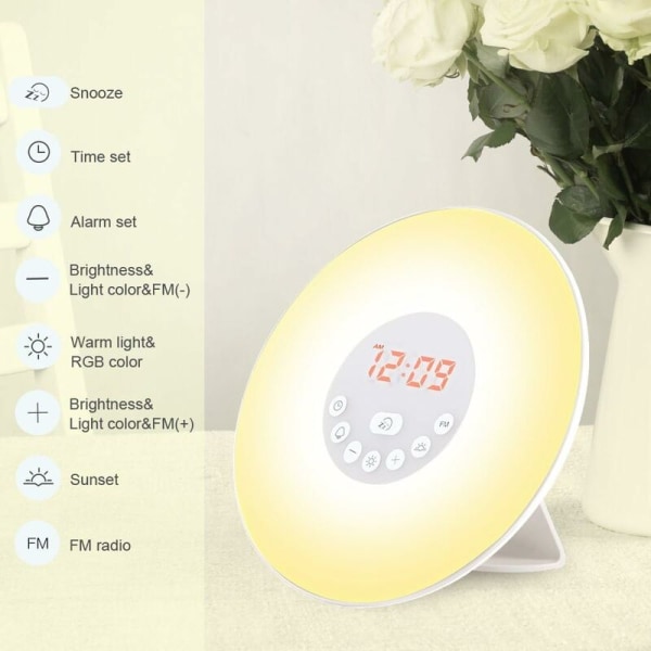 Vækkeur Radio LED Lys Sengebordslampe Touch Control Solopgang og Solnedgang Simulation 10 Lysniveauer, Snooze, 6 Naturlyde, 7 Farver Nattelys