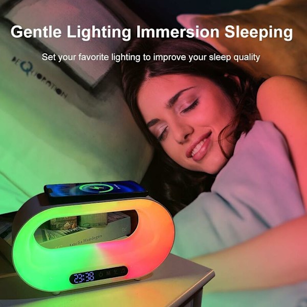 Yövalo langattomalla latauksella, Bluetooth-kaiutin herätyskellolla, soikea langaton lataus, USB-C-liitäntäinen tunnelmavalo, himmennettävä LED-pöytälamppu