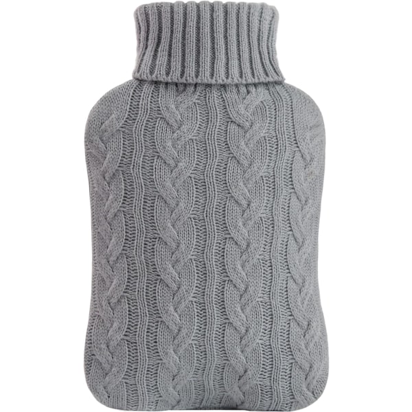 Varmtvandsflaske med strikket betræk, 2L varmtvandspose til varm og kold kompres, håndføddervarmer, smertelindring i nakke og skulder, grå