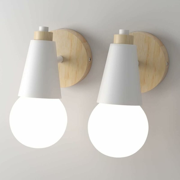 Vintage indendørs væglampe væglampe 360° roterbar trævæglampe E27 væglampe til soveværelse, køkken, restaurant, cafe, gang (2 stykker-hvid)