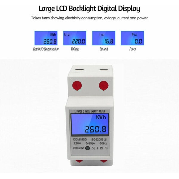 EDF-mittari yksivaiheinen DIN-kiskoenergiamittari 5-80A 220V 50Hz elektroninen kWh-mittari LCD-taustavalolla digitaalinen näyttö DDM15SD, valkoinen - valkoinen