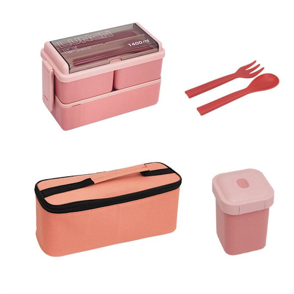 Mikrovågsugnssäker Lunchbox med Dubbla Lager 1400ML Matförvaringsbehållare Servis Set med Gaffel Sked Termisk Rosa