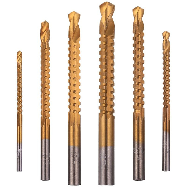 6-pack titanbelagda HSS-spiralborrar, 3-8 mm räfflade sidskärande borrar, träbearbetningsverktyg för plast- och metallhål