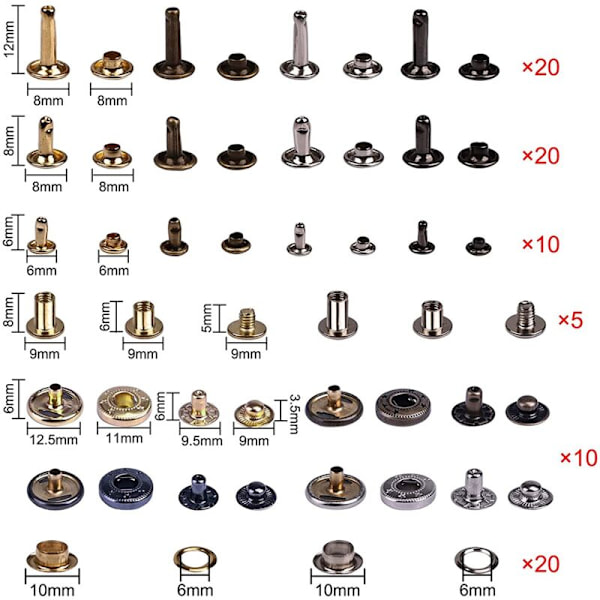 Nappakiinnikkeet ja kiinnityssarja, 200 sarjaa niittejä, 140 silmukkaa, 40 nappaa, 20 ruuvia, nahka-asetusväline