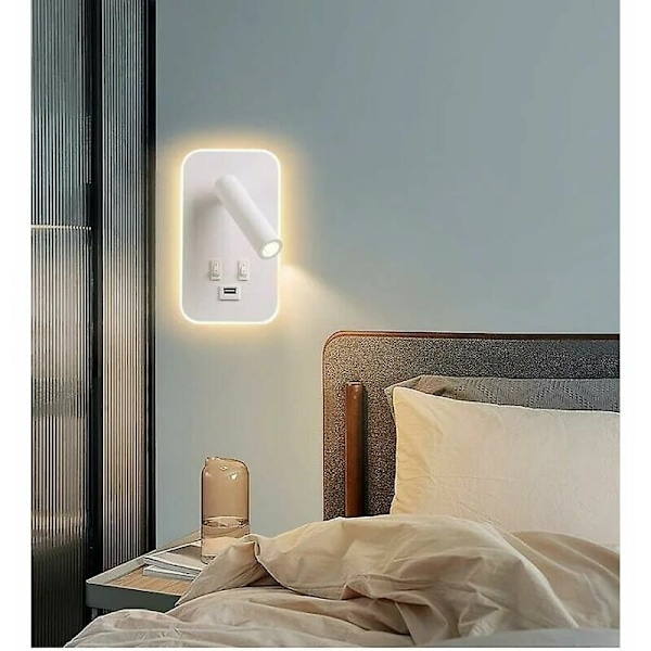 LED Vegglampe, Sengelampe med Bryter, USB-Ladingspورت, Justerbar Stemningsbelysning for Soverom (3W Naturlig Lys + 9W Varmt Lys) Hvit