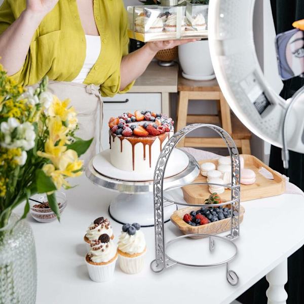 Metallikakkukoroke, kaksoiskerros, kaareva, kultainen, hedelmäjälkiruokahylly, hää- ja syntymäpäiväjuhlan koriste, cupcake-teline, hopea