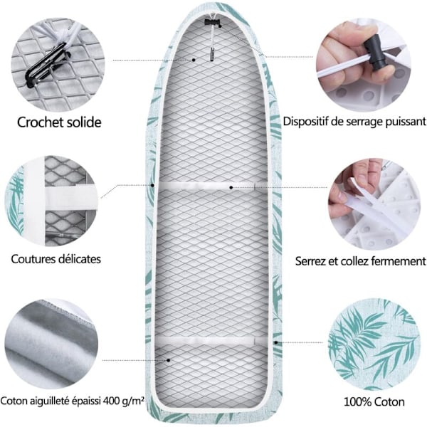 Strygebrætbetræk 140x50cm, Strygebrætbetræk med 100% Bomulds Top og Tyk Polstring, Nemt at Sætte på og Brændsikker (L, Grøn Blad)