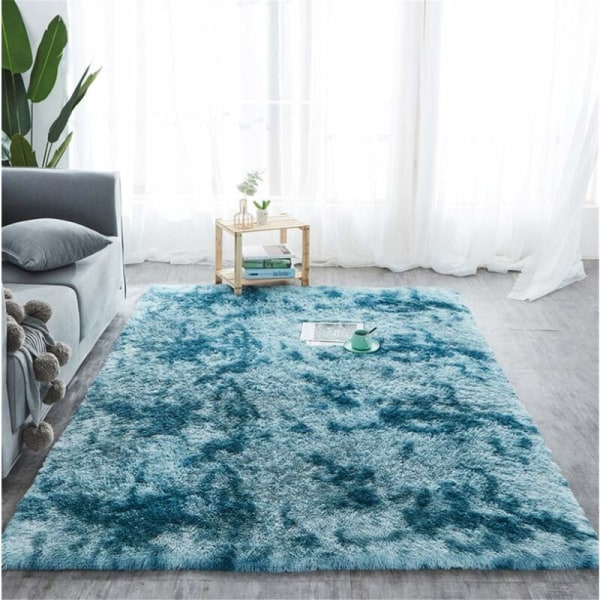 Blød og fluffy gradient tæppe, vaskbart langt hår med skridsikker bund, moderne stil dekorativt tæppe til stue, soveværelse, sofa (mørkeblå, 60x160