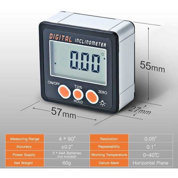 Elektronisk vinkelmätare med magnetfot Digital nivåvinkel från 0 till 360° Mätverktyg för bil snickeri byggborr etc NE07 Vit