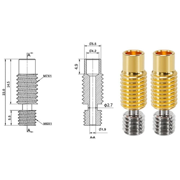 2 st All Metal V6 Throat Heat Break Titanlegering Koppar 3D-skrivarmunstycke för 1,75 mm HOTEND Uppvärmningsblock