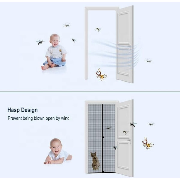 Magnetisk Dörrskärm - Tålig Mask, Magnetisk Tätning Från Topp Till Botten, Automatisk Stängning, Håller Frisk Luft Inne (90x210, Svart)